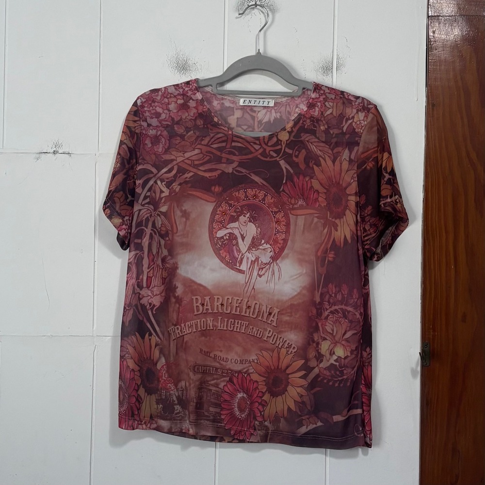 Entity Women Sheer Mesh Art Nouveau Barcelona Graphic Tee Large Short Sleeve